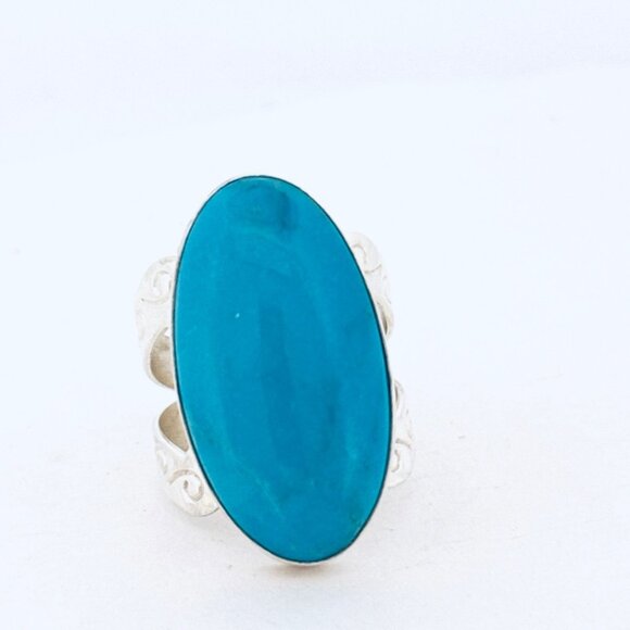 Bold Statement Turquoise Ring Sterling Silver 925 Filigree Band Size 9.5, 13.42g - Picture 6 of 11